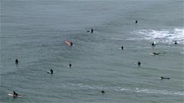 Loads of Surfers at Perranporth, as seen from near the hostel